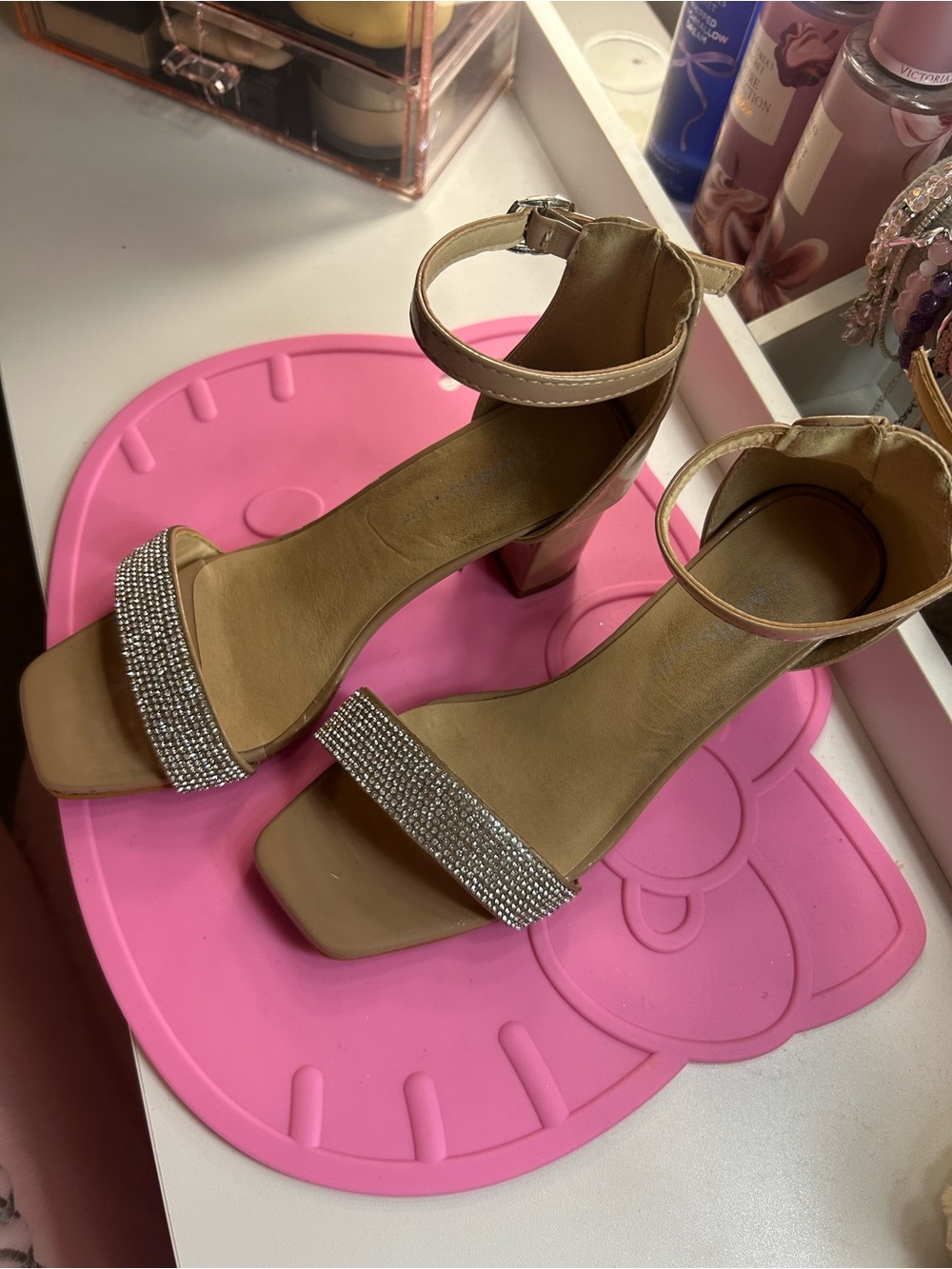 Women's Tan Block Heel Ankle-Strap Sandals with Rhinestone Strap